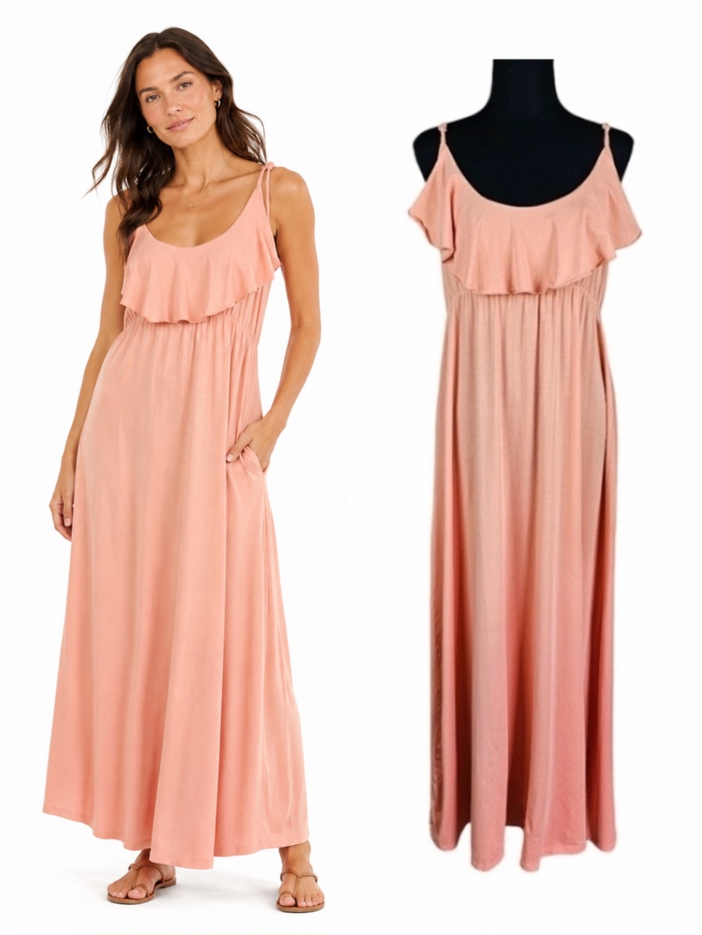 Garnet Hill Ruffle Sleeveless Maxi Dress Peachy Coral Medium Minimalist Comfort